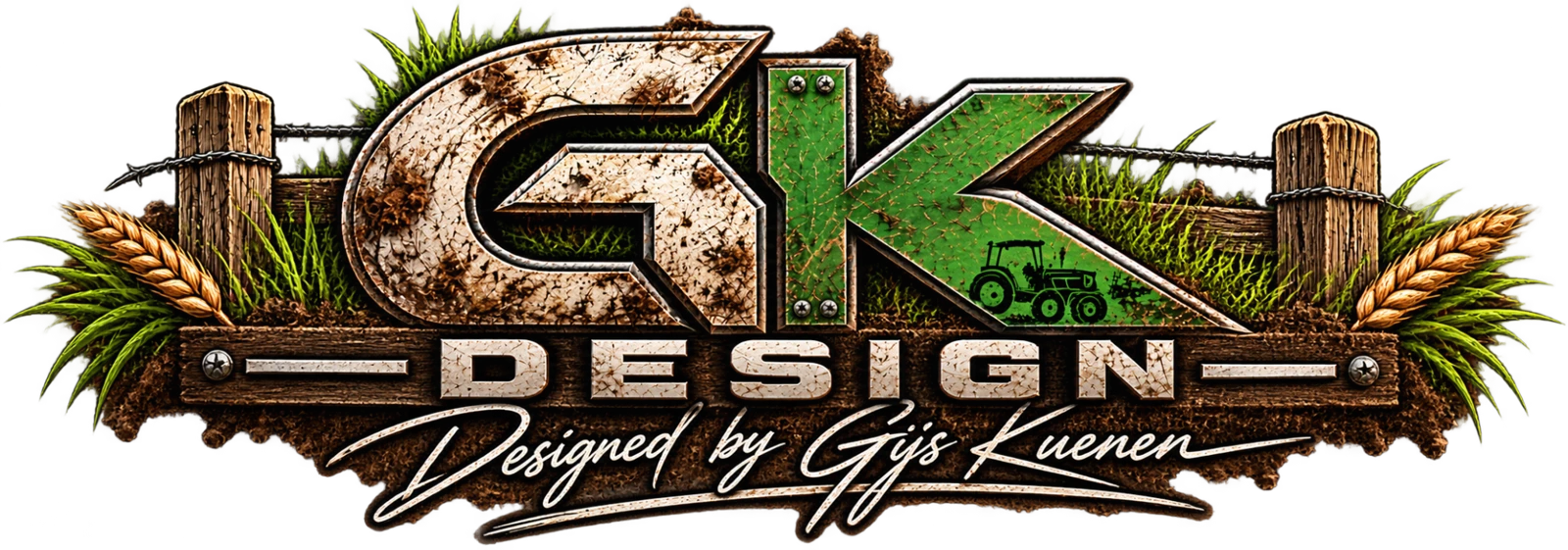Het robuuste GK Design-embleem met zilveren G, groene K en houten bord