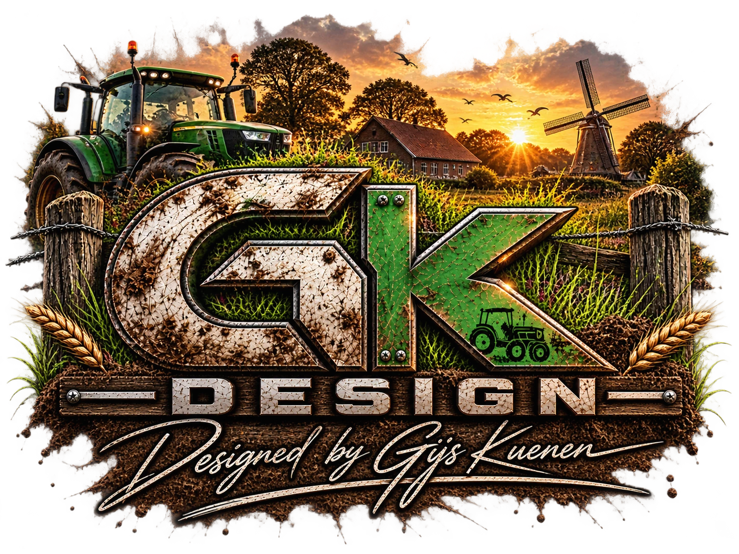 GK Design landbouwembleem met tractor en molen bij warme zonsondergang