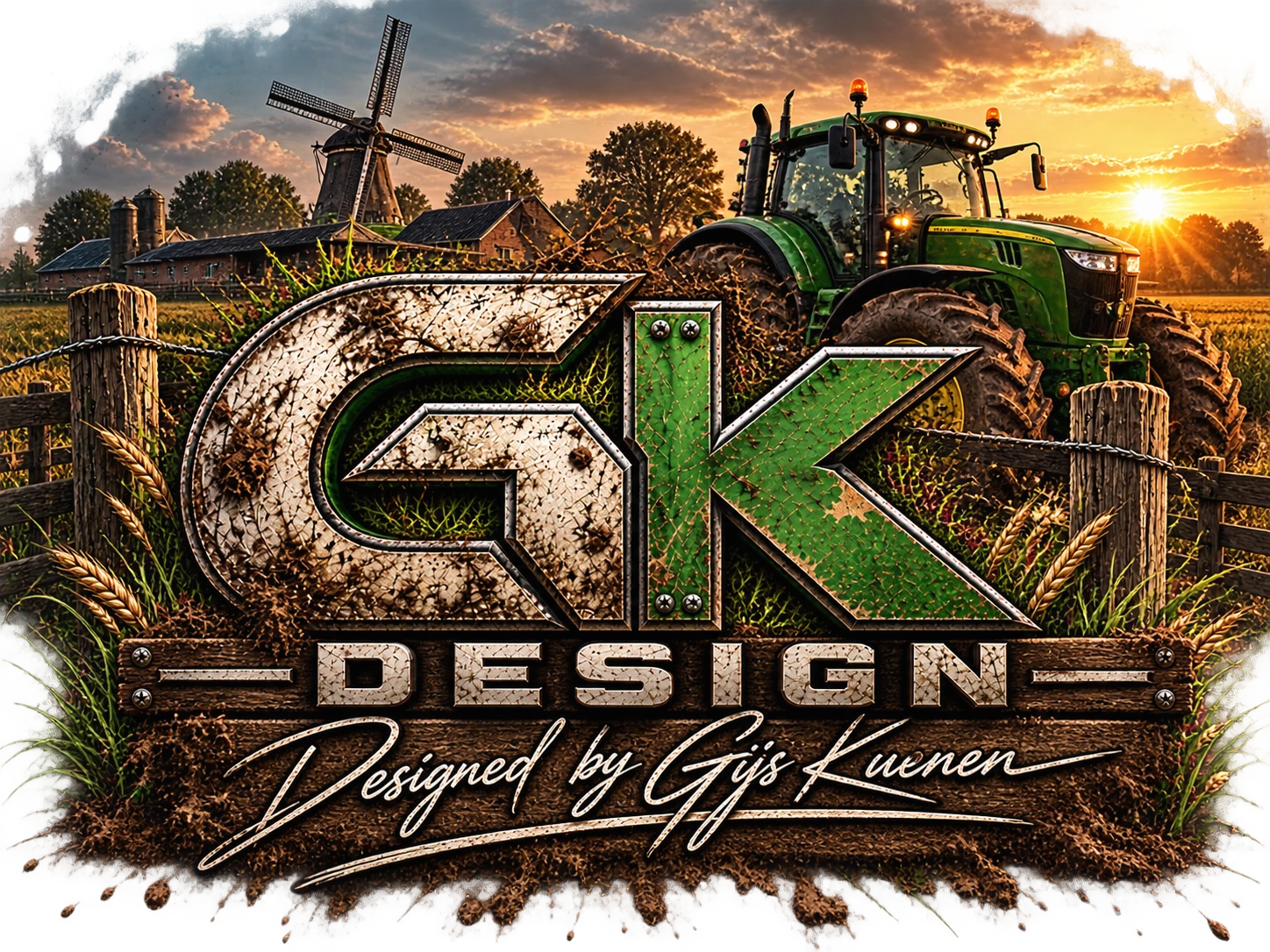 Groot GK-monogram met tractor rechts en molen links